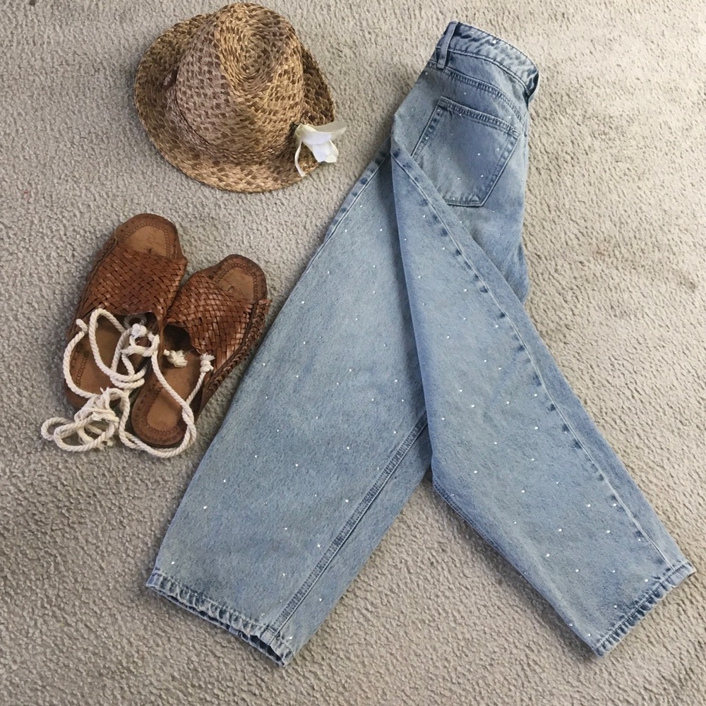 LOFT/SEQUIN EMBELLISHED HIGH RISE BARREL JEANS IN VINTAGE lIGHT INDIGO WASH/NEW - Picture 7 of 14